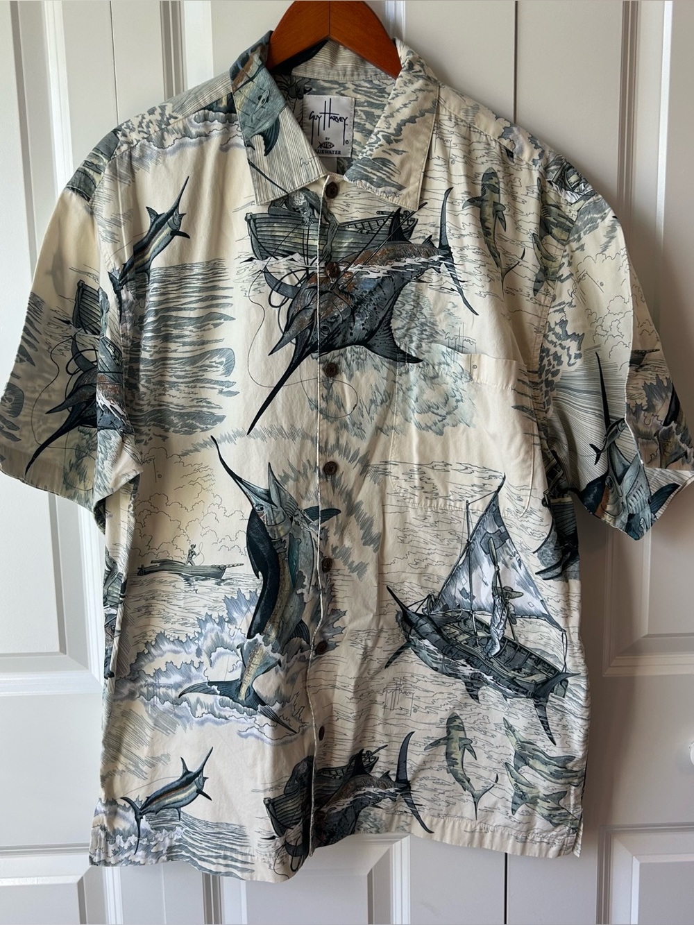 🎣 Guy Harvey AFTCO Bluewater Marlin Print Camp Shirt — Men’s Large 🐟
